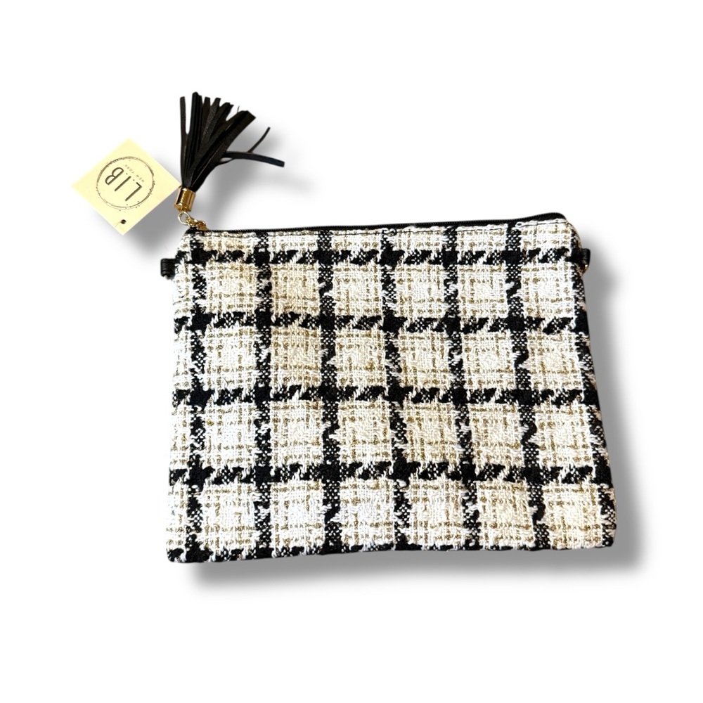 L.I.B. New York Plaid Zip Top Bag Women’s Black White Tweed‎ Small Fringe Pull